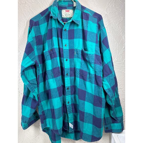 Vintage Levi's Retro Mens Green Cotton Long Sleeve Flannel Plaid Shirt Sz Large - Picture 1 of 4